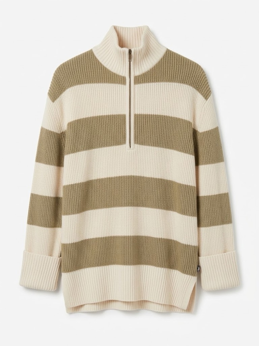 Buffalo Beige and Cream Striped Rugby Half Zip Rib Knit Sweater Oversized S